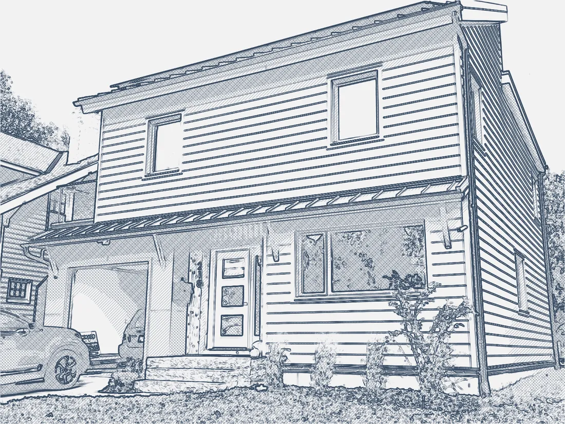 Clintonville Passive House, front entry with yellow door and blue-gray siding